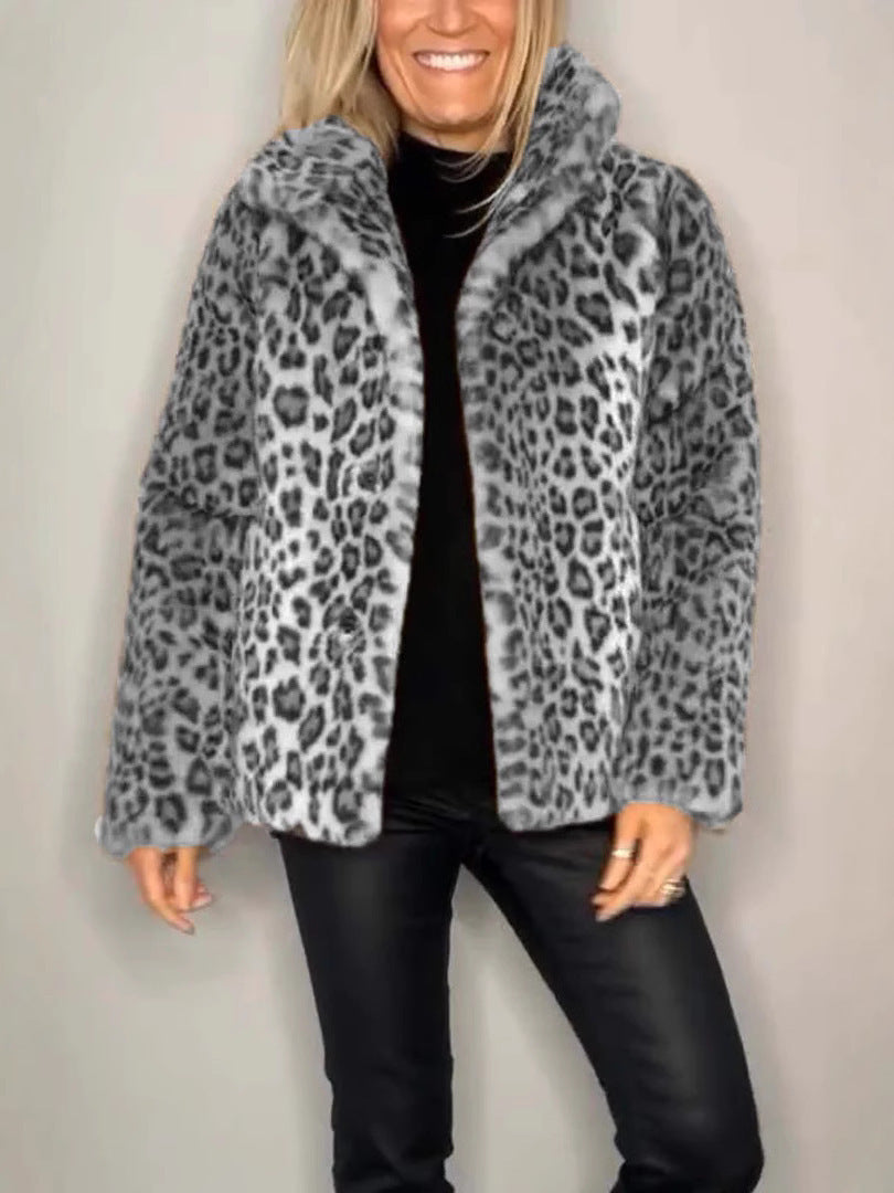 Plush Faux Fur Leopard Coat for Women