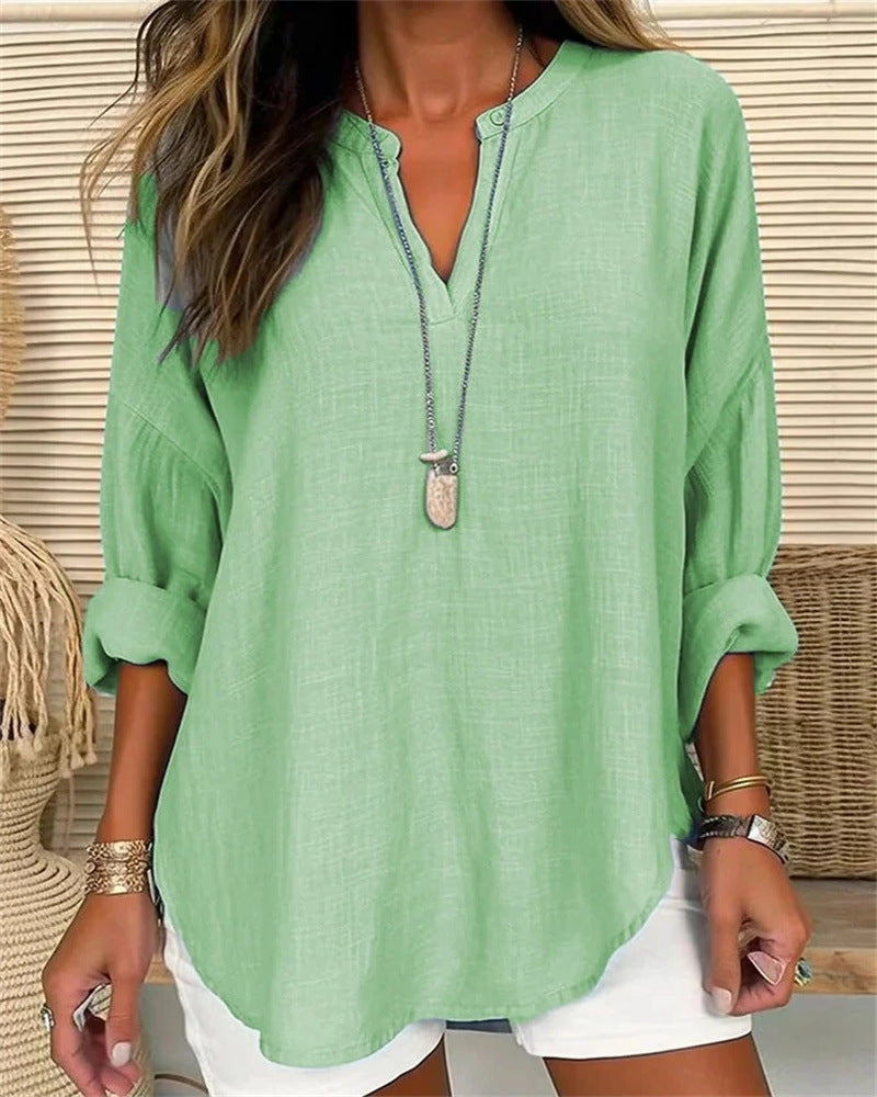 Casual V-Neck Women's Cotton Shirt