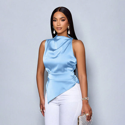 Women's Chic Tank Top - Fitted - High Neckline - Satin Finish