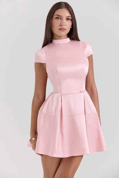 Short Sleeveless High Neck Mini Dress with Flared Skirt