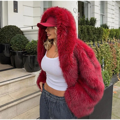 Plush Hooded Faux Fur Long Coat