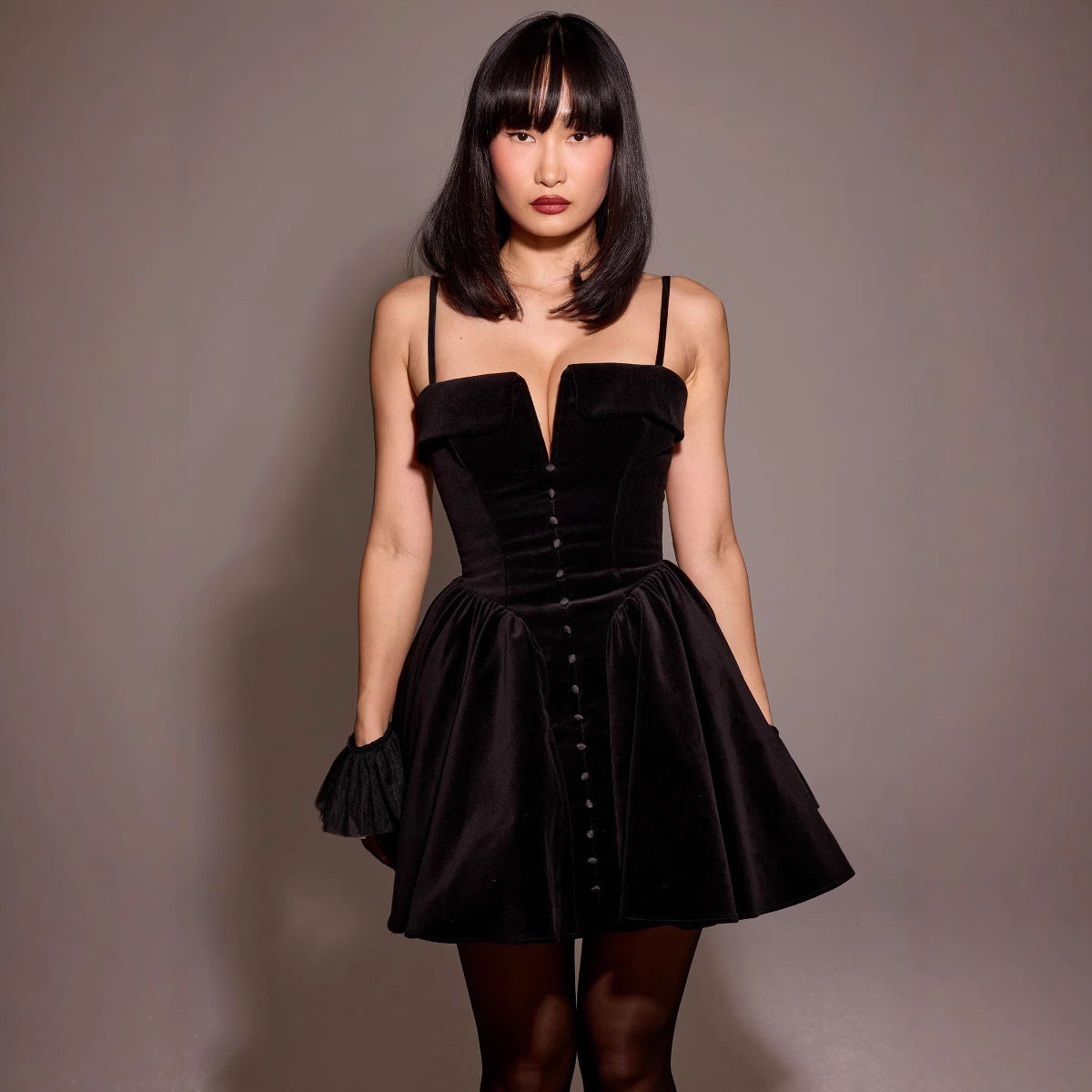 Women's Velvet Mini Dress with V-Neck and Thin Straps - Nocini