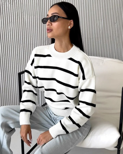 Comfy Oversized Striped Crew Neck Sweater