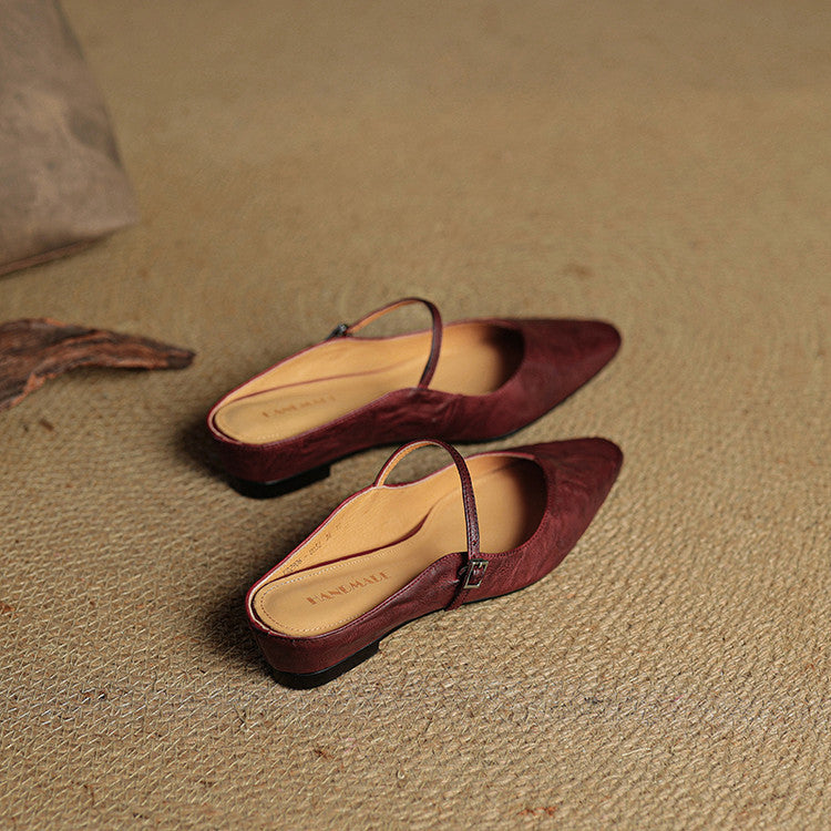 Ladies Slim Pointed-Toe Slip-On Shoes with Buckle Strap