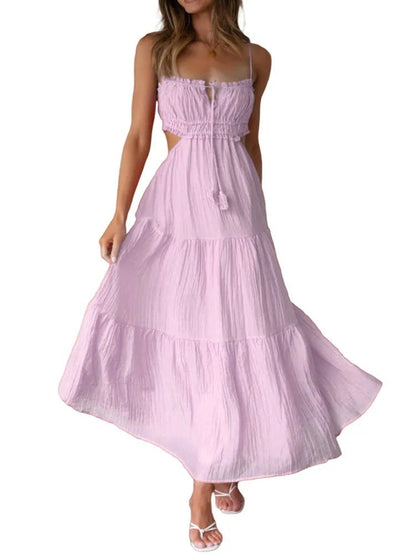 Loose Fit Maxi Dress with Layered Skirt and Open Back