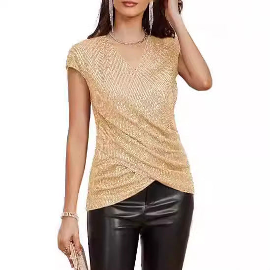 Women's V-Neck Sequin Blouse Slim Fit Top - Nocini
