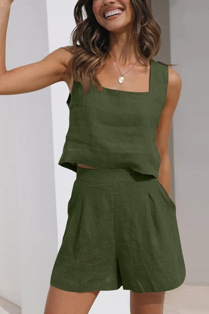 Relaxed Fit Linen Crop Top and Shorts Set