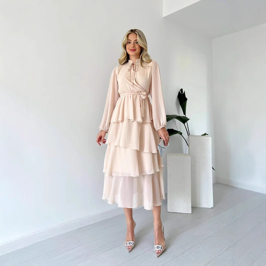 Elegant Women's Midi Chiffon Dress with Tie Waist