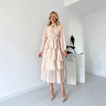 Elegant Women's Midi Chiffon Dress with Tie Waist