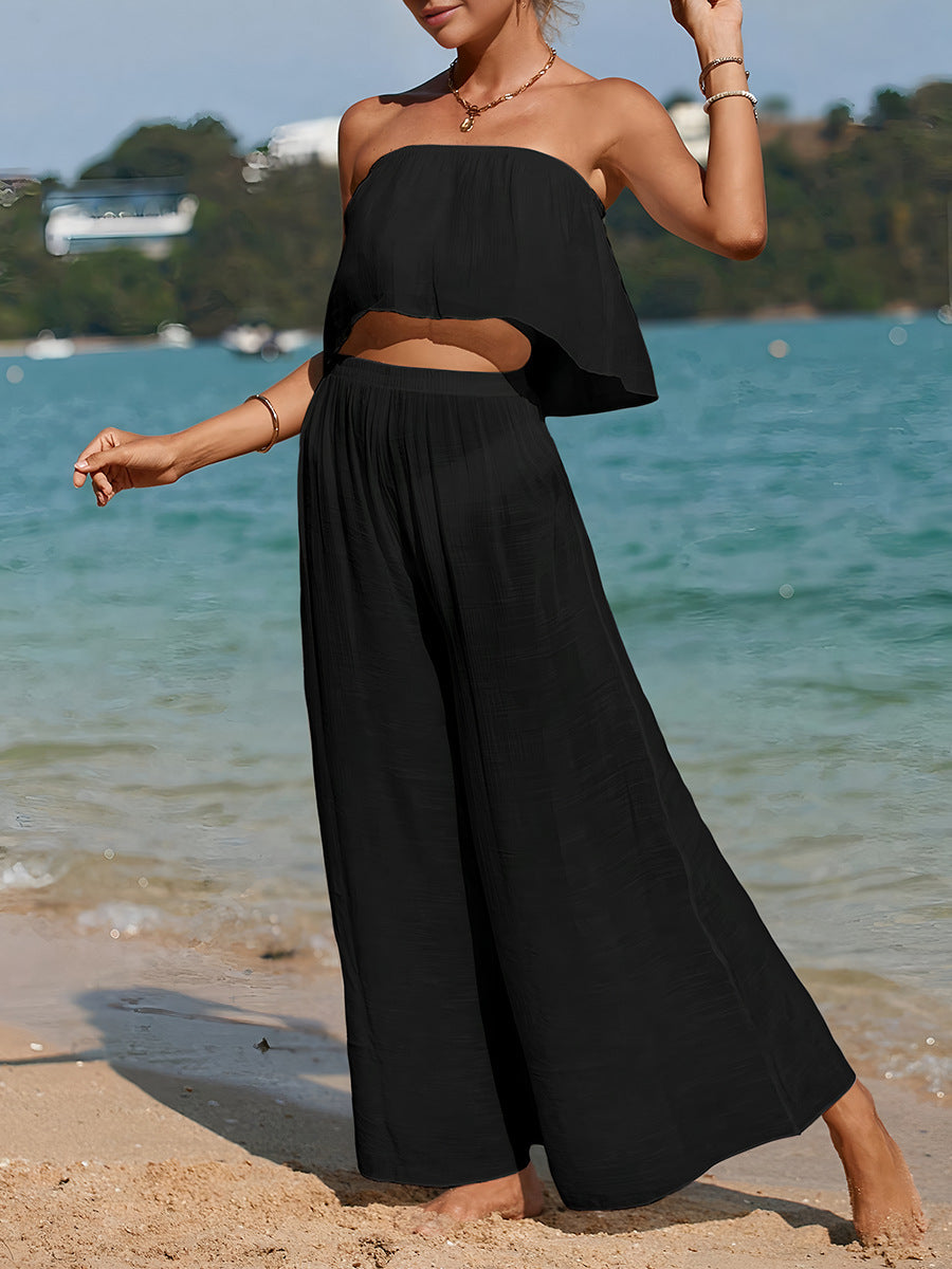 Comfy Women's 2-Piece Outfit Strapless Top Wide Leg Pants