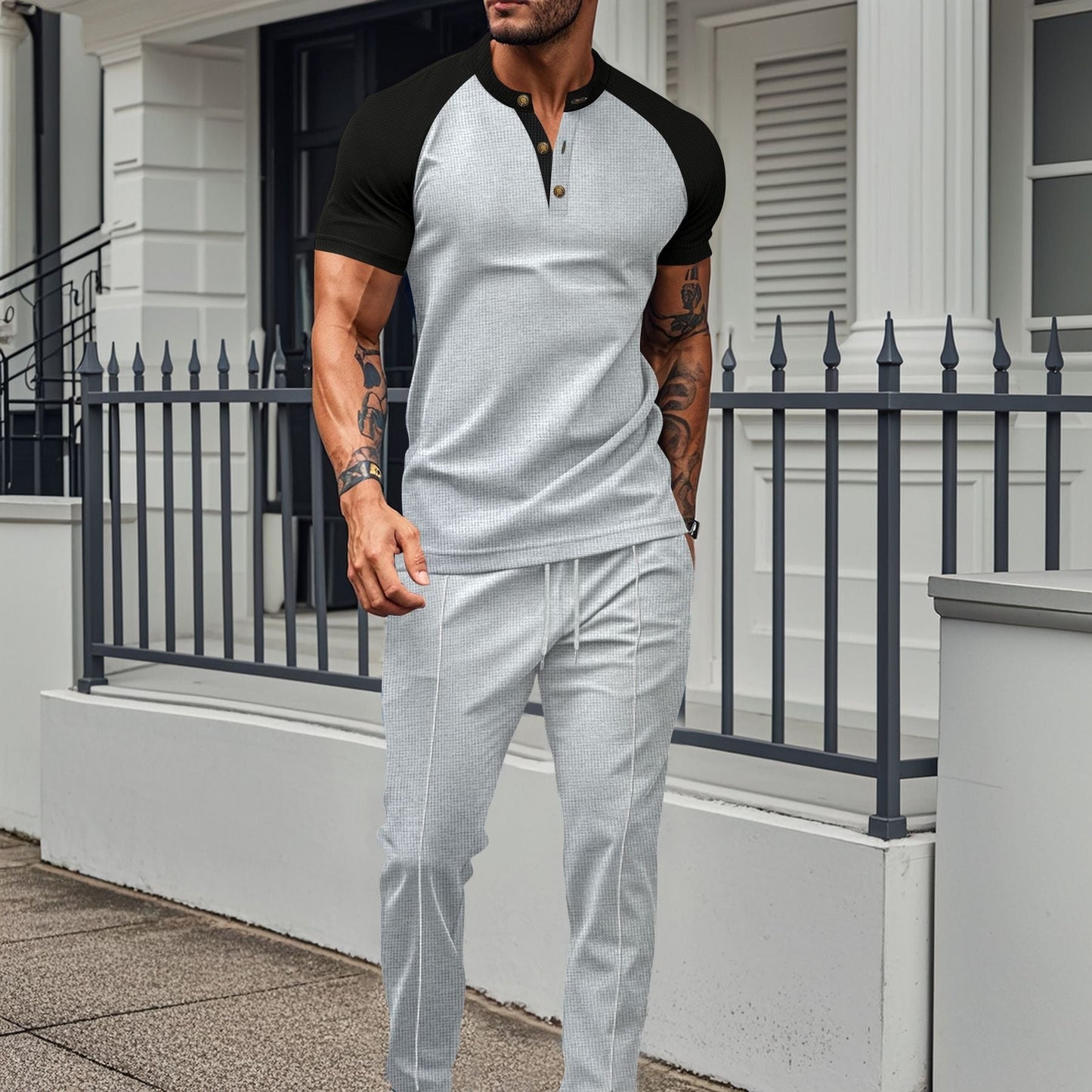 Men's Workout Set - Slim Fit - Moisture Wicking Short Sleeve Top