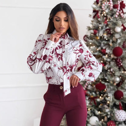 Ladies Classic Fit Printed Blouse with Bow Neck - Nocini