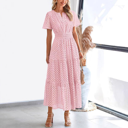 Flowy V Neck Lace Maxi Dress for Women