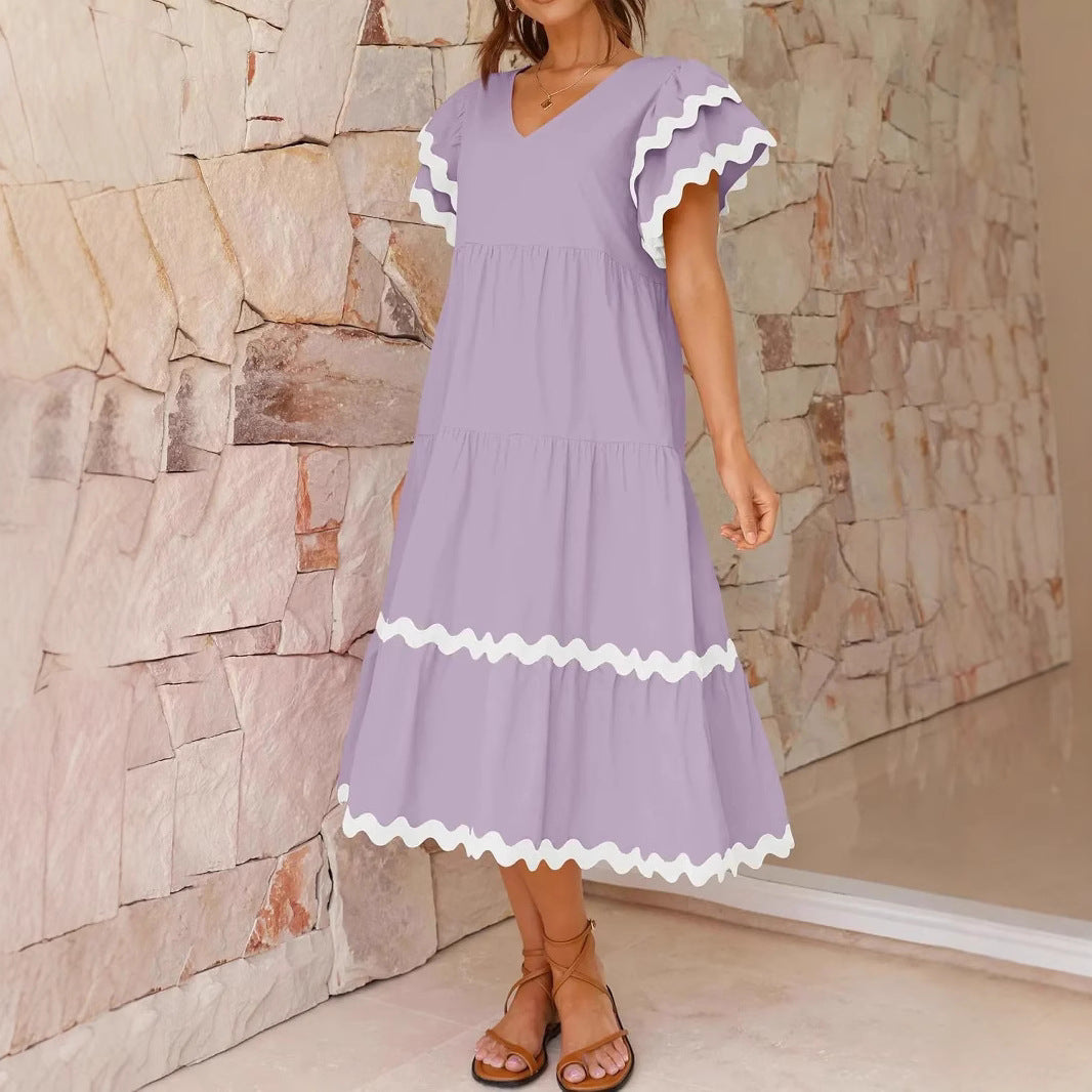 Casual V Neck Ruffle Sleeve Summer Dress