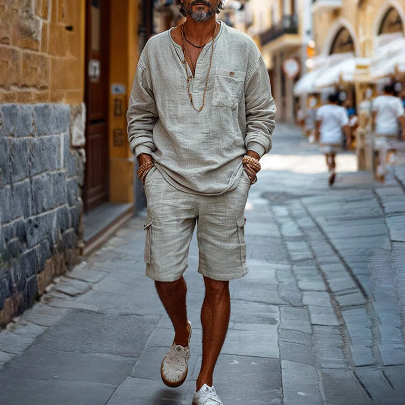 Men's Casual Set - Loose Fit V-Neck Top - Cargo Shorts - Nocini