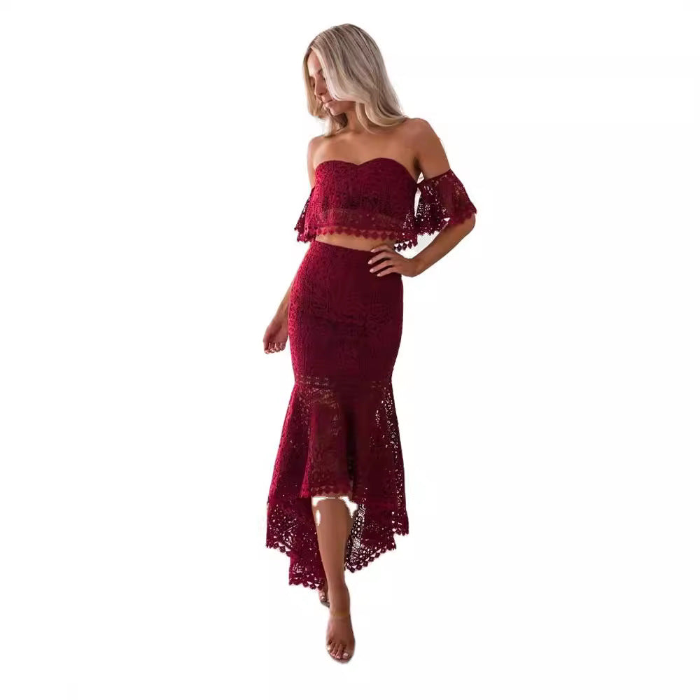 Ladies Off The Shoulder Lace Top and Pencil Skirt Set