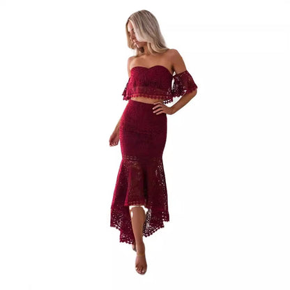 Ladies Off The Shoulder Lace Top and Pencil Skirt Set
