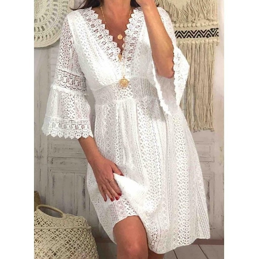 Chic Lace V-Neck Knee Length Dress for Women - Nocini
