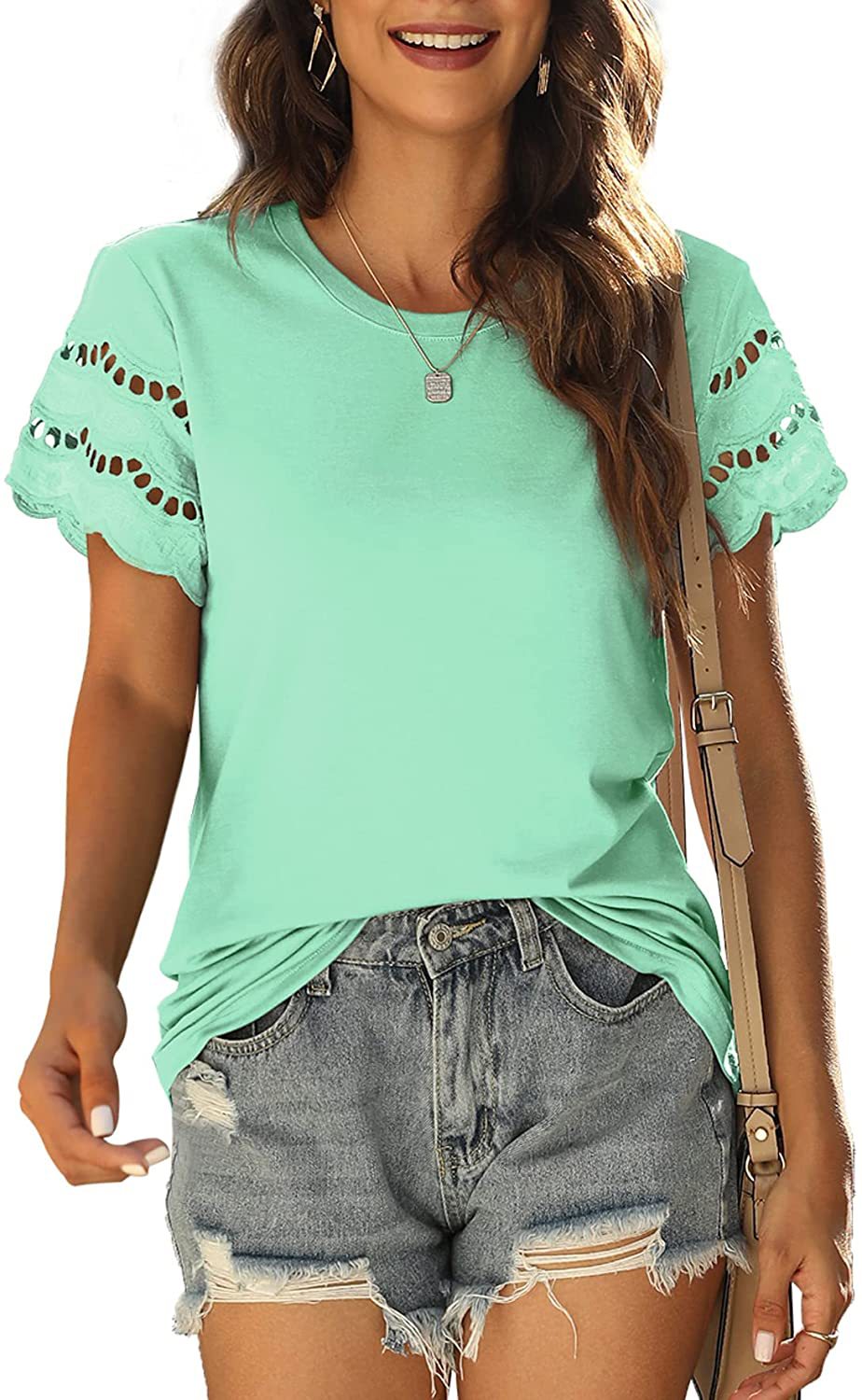 Feminine Short Sleeve Lace Trim Blouse - Nocini