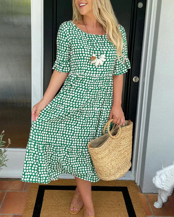 Floral Midi Dress with Ruffles and Round Neckline