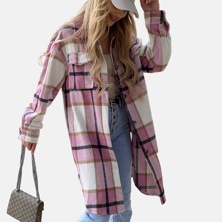 Relaxed Fit Plaid Button Down Women's Shirt Jacket