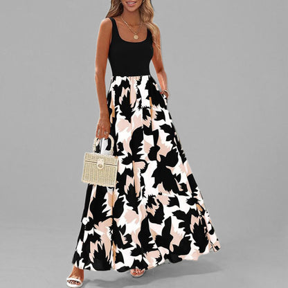 Fashionable Sleeveless Maxi Dress with Floral Skirt