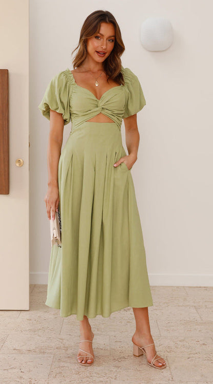 Elegant V-Neck Maxi Dress with Puffy Sleeves - Nocini