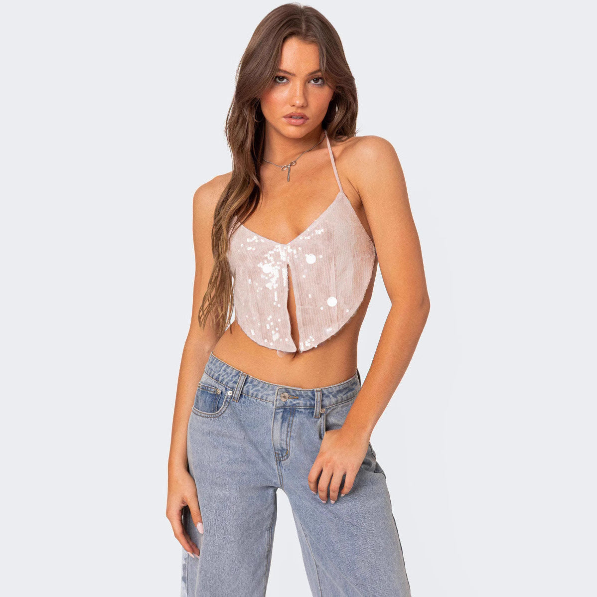 Women's Fitted Halter Top Deep V Shiny Clubwear - Nocini