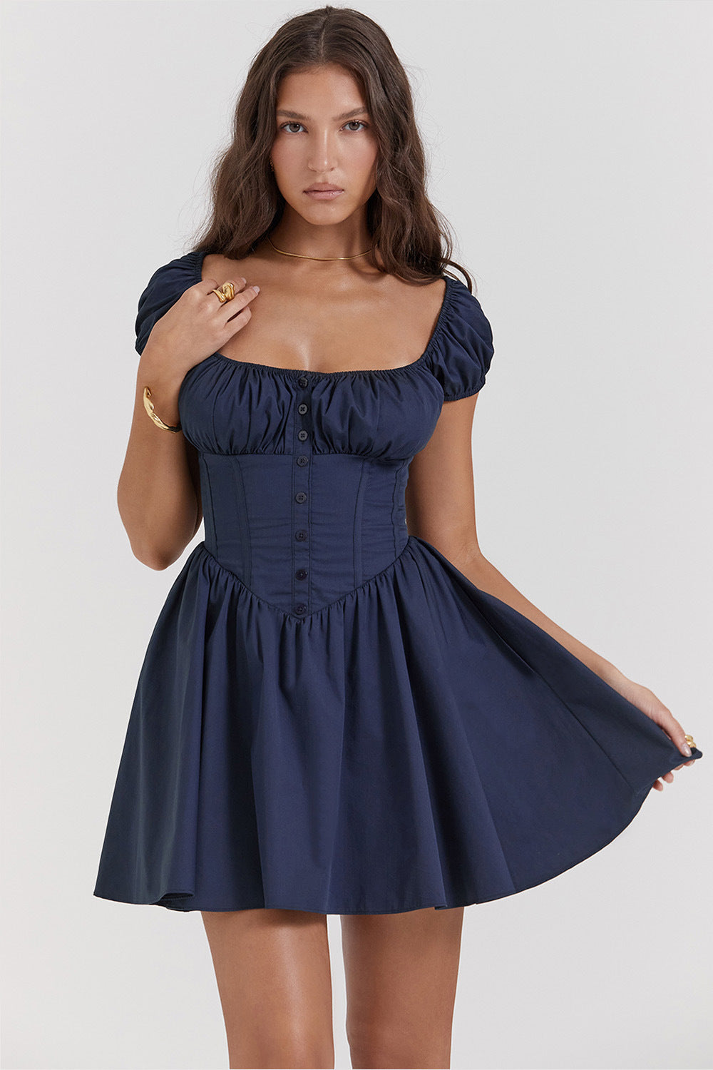 Petite Fit A-Line Dress with Puff Sleeves and Buttons