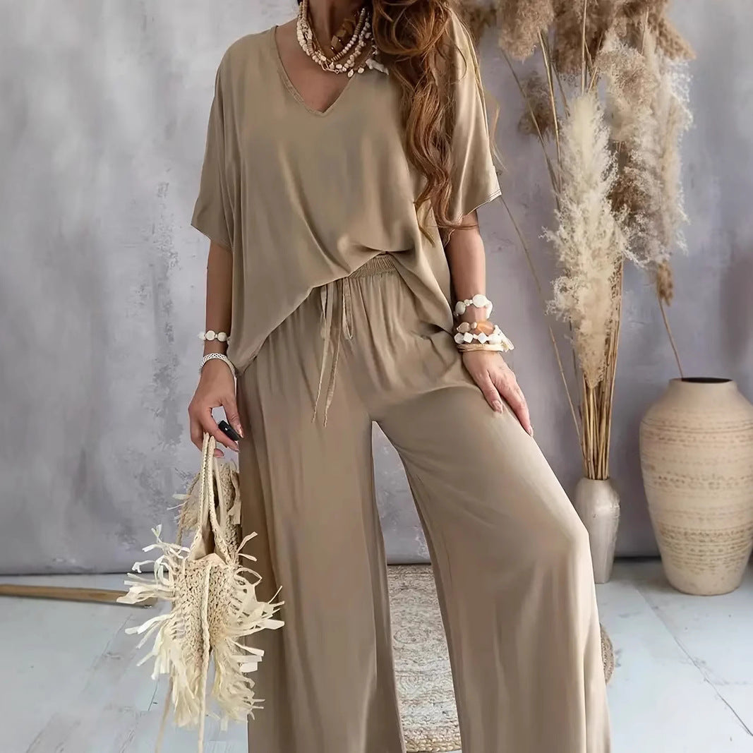 Comfortable Women's V-Neck Top and Loose Pants Set