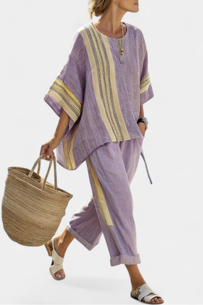 Beautiful Purple Blouse & Yellow Stripe Trousers - Olytrend