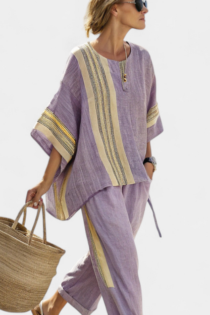 Beautiful Purple Blouse & Yellow Stripe Trousers