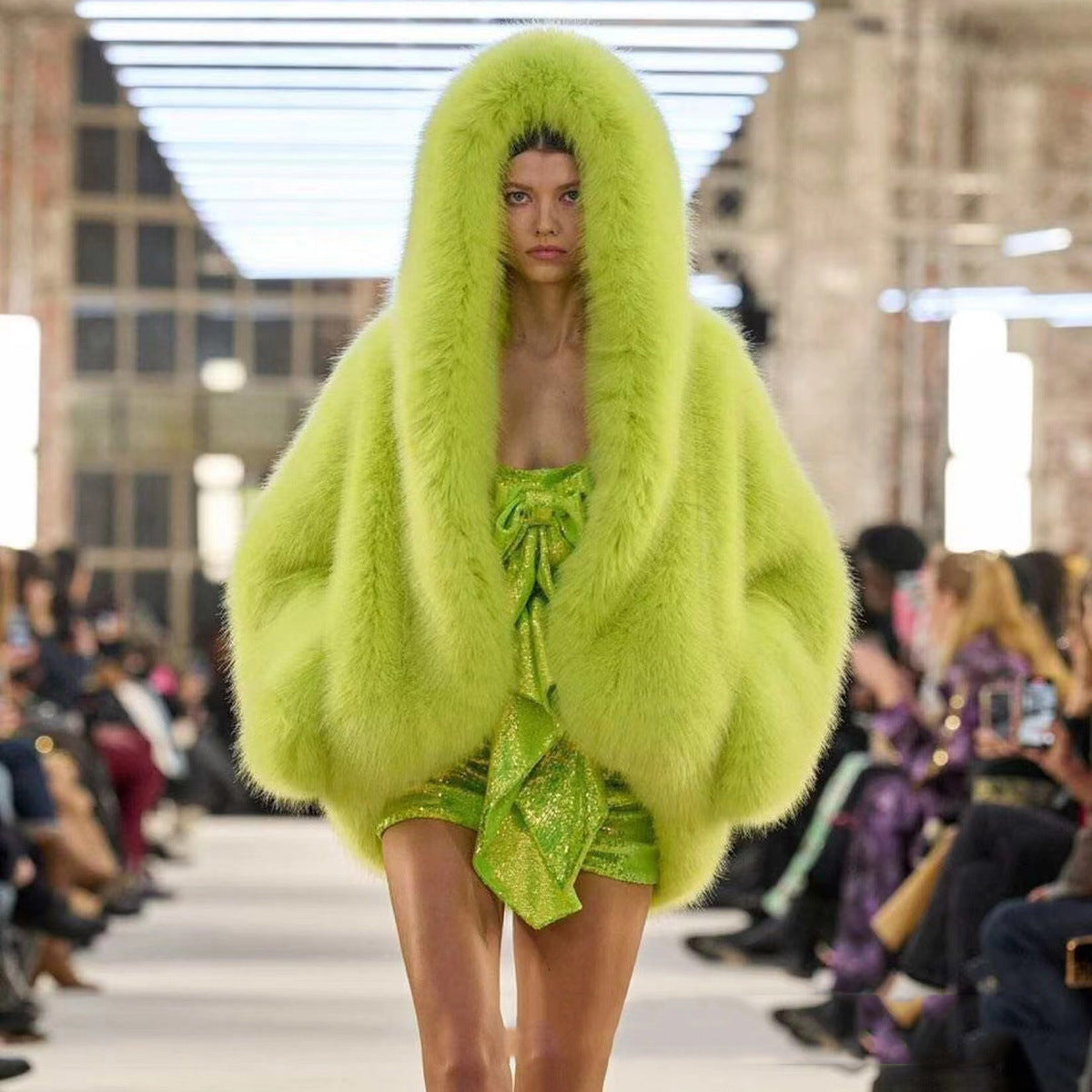 Plush Hooded Faux Fur Long Coat - Olytrend