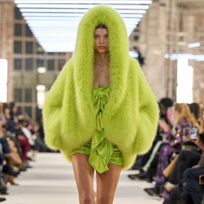 Plush Hooded Faux Fur Long Coat - Olytrend