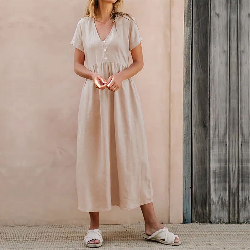 Relaxed Fit V-Neck Cotton Midi Dress - Nocini