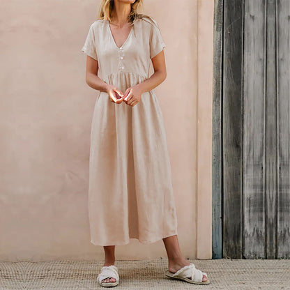 Relaxed Fit V-Neck Cotton Midi Dress - Nocini