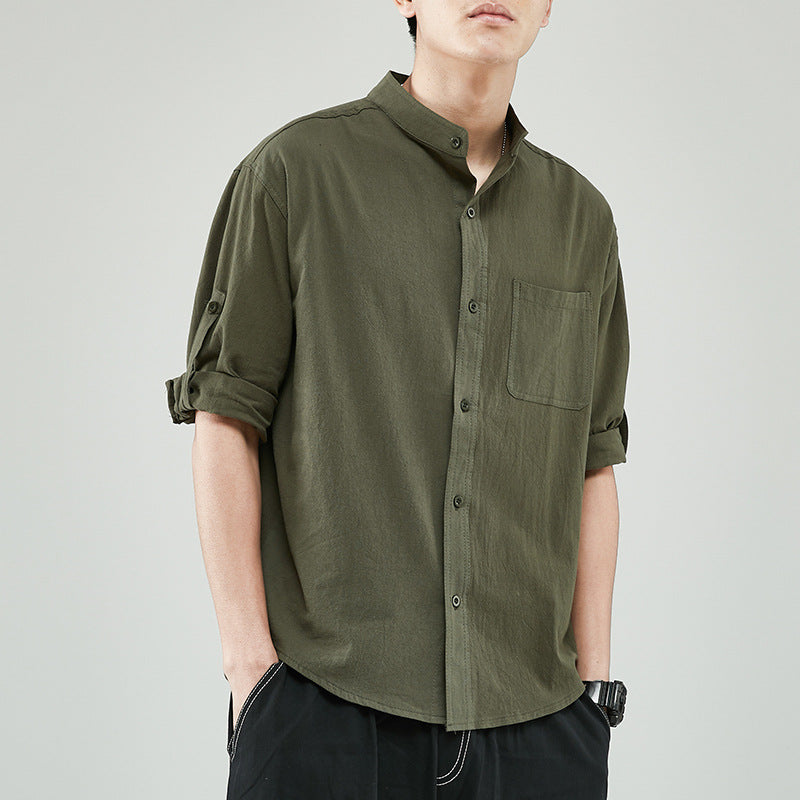 Casual Linen Mens Shirt with Mandarin Collar - Nocini