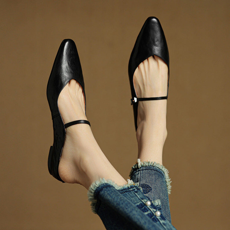 Ladies Slim Pointed-Toe Slip-On Shoes with Buckle Strap