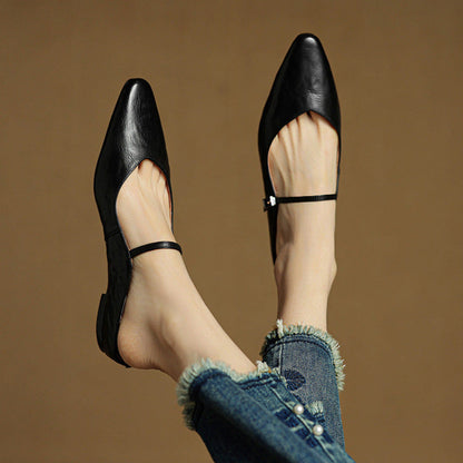 Ladies Slim Pointed-Toe Slip-On Shoes with Buckle Strap
