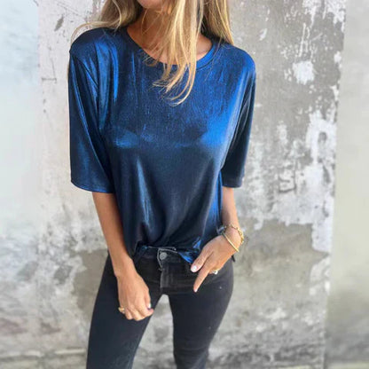 Ladies Loose Fit Satin Blouse Short Sleeve
