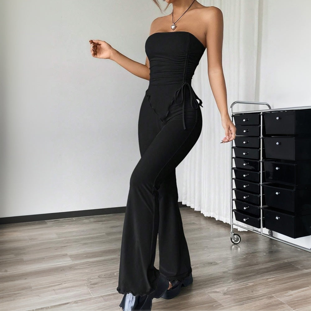 Ladies' 2-Piece Outfit - Strapless Tube Top - High Waist Wide Leg Pants - Nocini