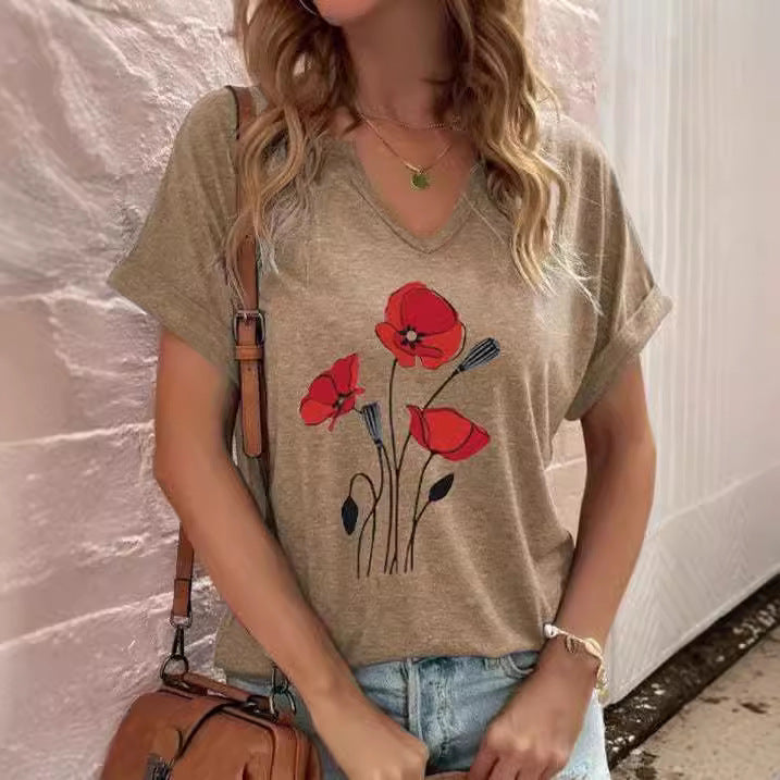 Loose Fit V-Neck Women's T-Shirt Floral Print Top - Nocini