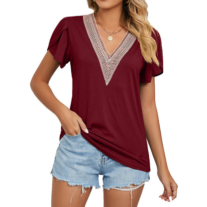 Comfy V-Neck Women's Tee with Lace Trim