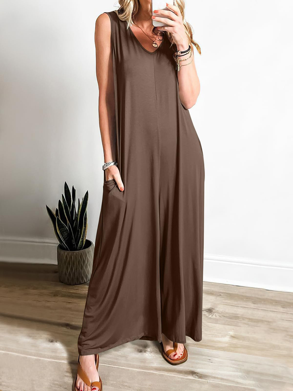 Ladies' Long V-Neck Summer Dress with Pockets
