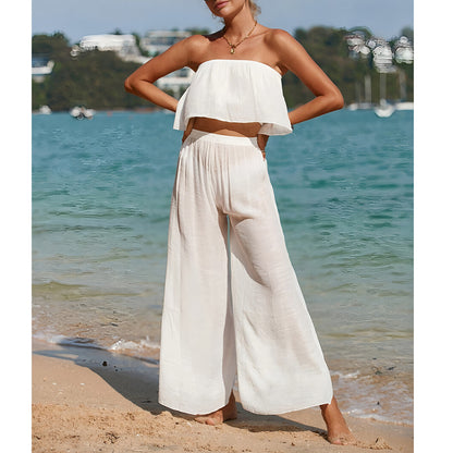 Comfy Women's 2-Piece Outfit Strapless Top Wide Leg Pants