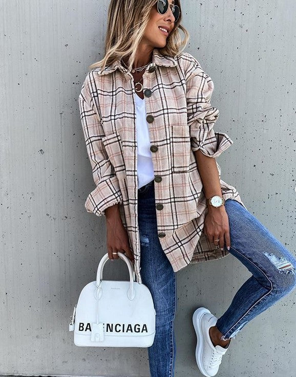 Classic Checked Wool Blend Mid Length Coat