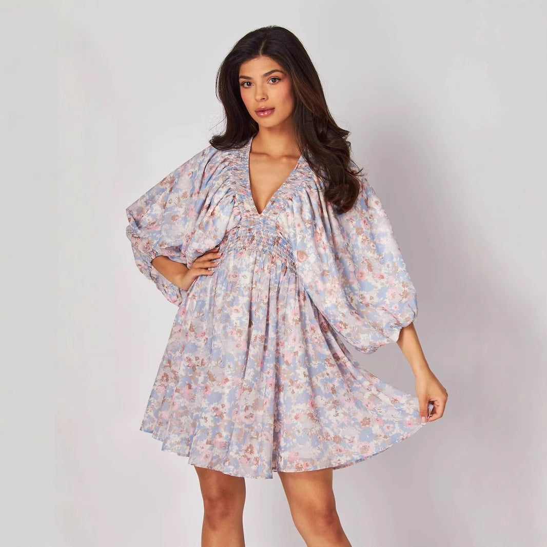 Flowy V Neck Ruched Waist Women's Dress - Nocini