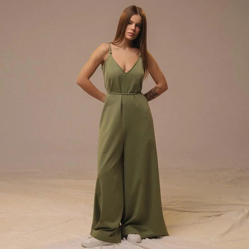 Relaxed Fit Women's V-Neck Linen Jumpsuit