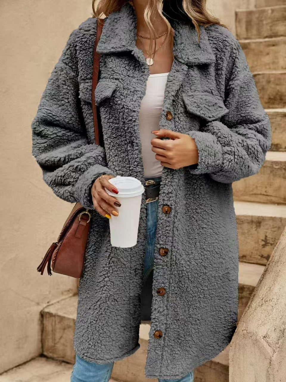 Warm Women's Sherpa Coat with Pockets