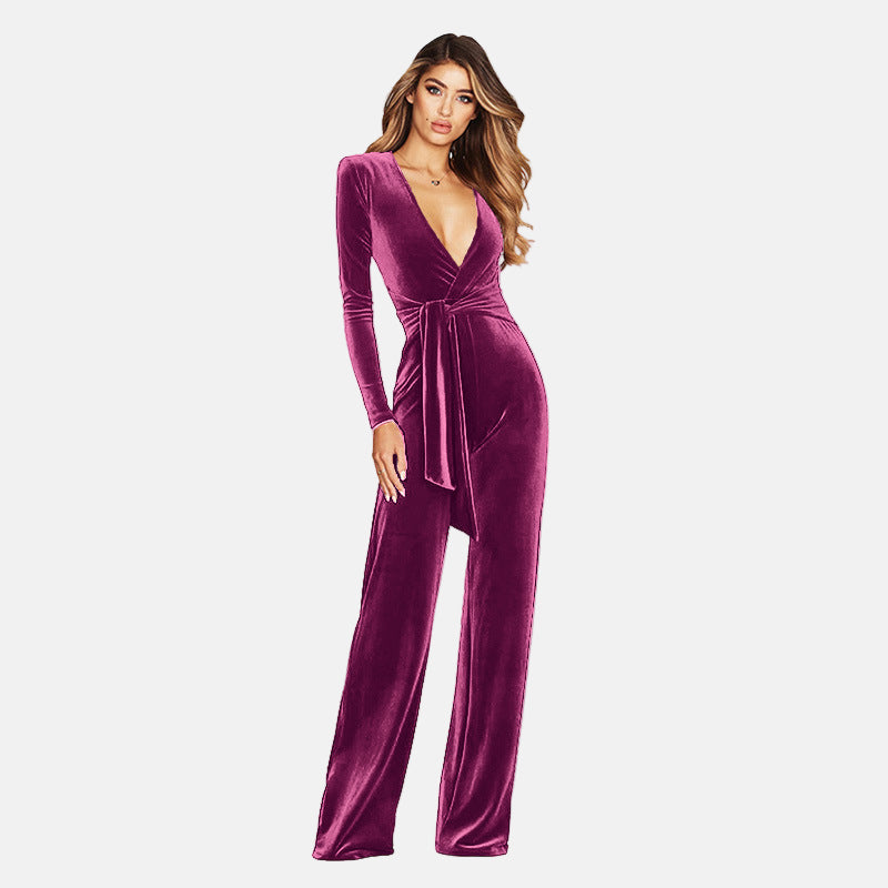 Ladies' Velvet Jumpsuit - V Neck Long Sleeve Wide Leg